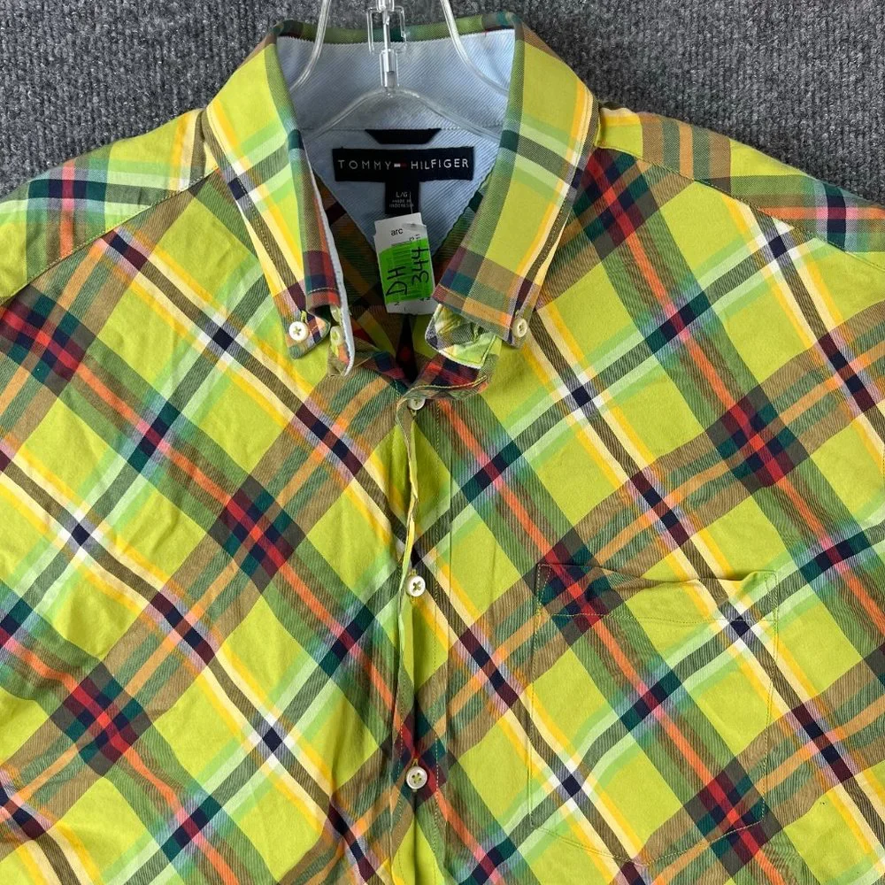 Tommy Hilfiger Shirt Adult Large Green Plaid Button Up Long Sleeve Casual Mens - Picture 2 of 16